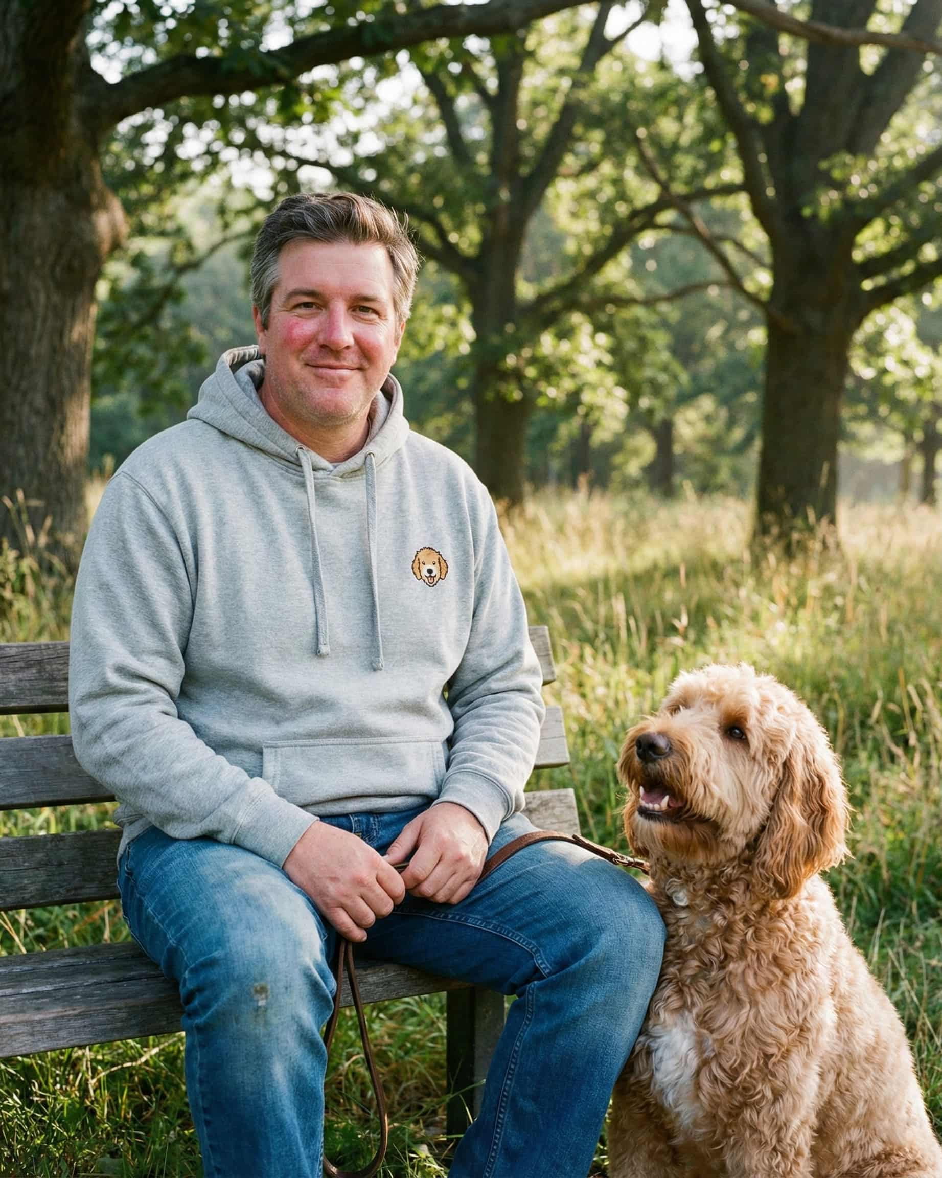 Man sitting on bench with Goldendoodle, wearing Light Grey Heather Hoodie with minimalist embroidered Goldendoodle icon on left chest.