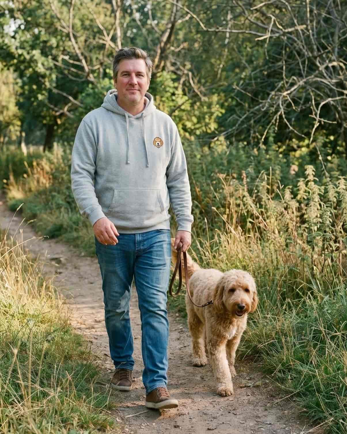 Man walking Goldendoodle on park trail, wearing Light Grey Heather Hoodie with minimalist embroidered Goldendoodle icon on left chest.