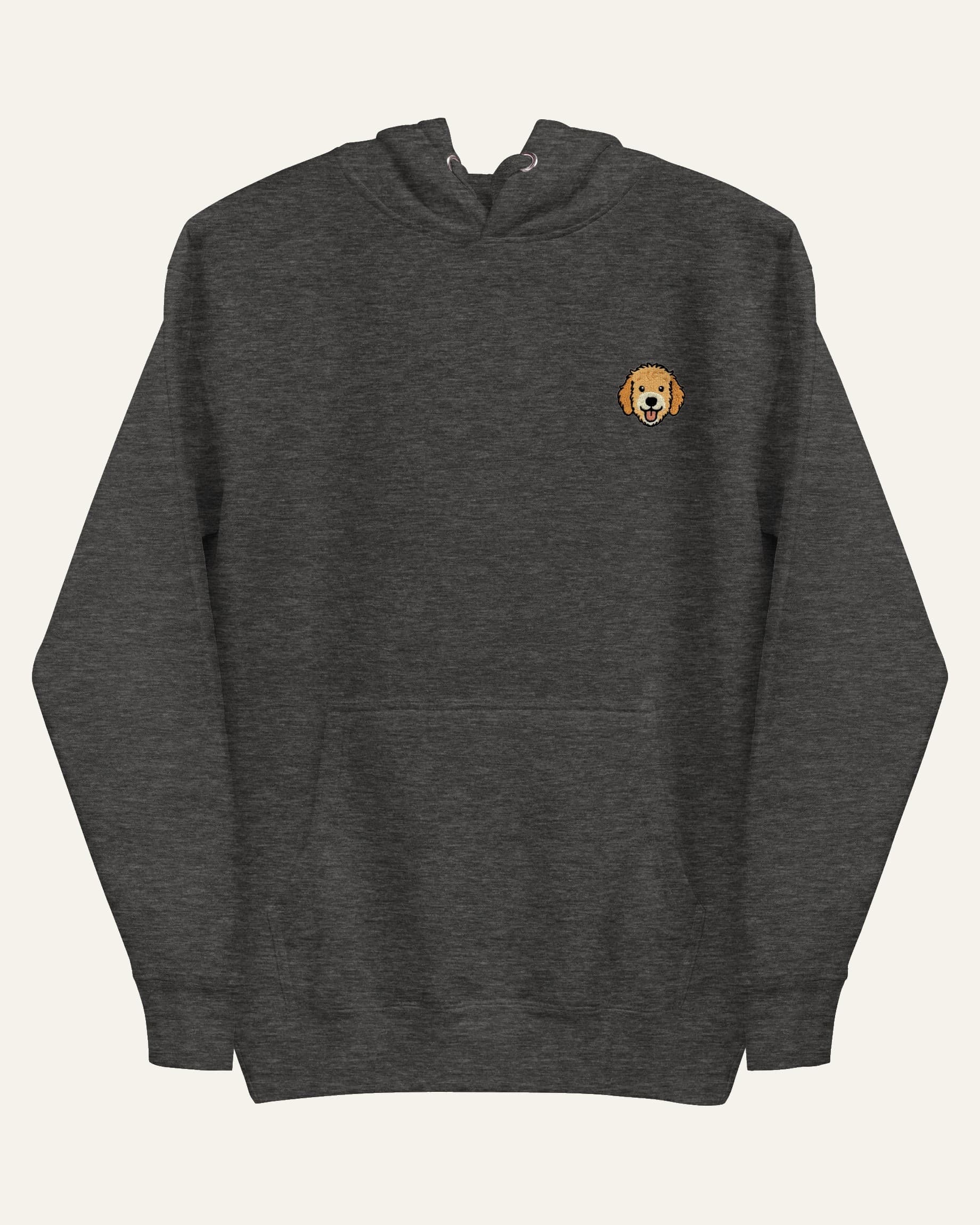 Dark Grey Heather Hoodie with minimalist embroidered Goldendoodle icon on left chest.