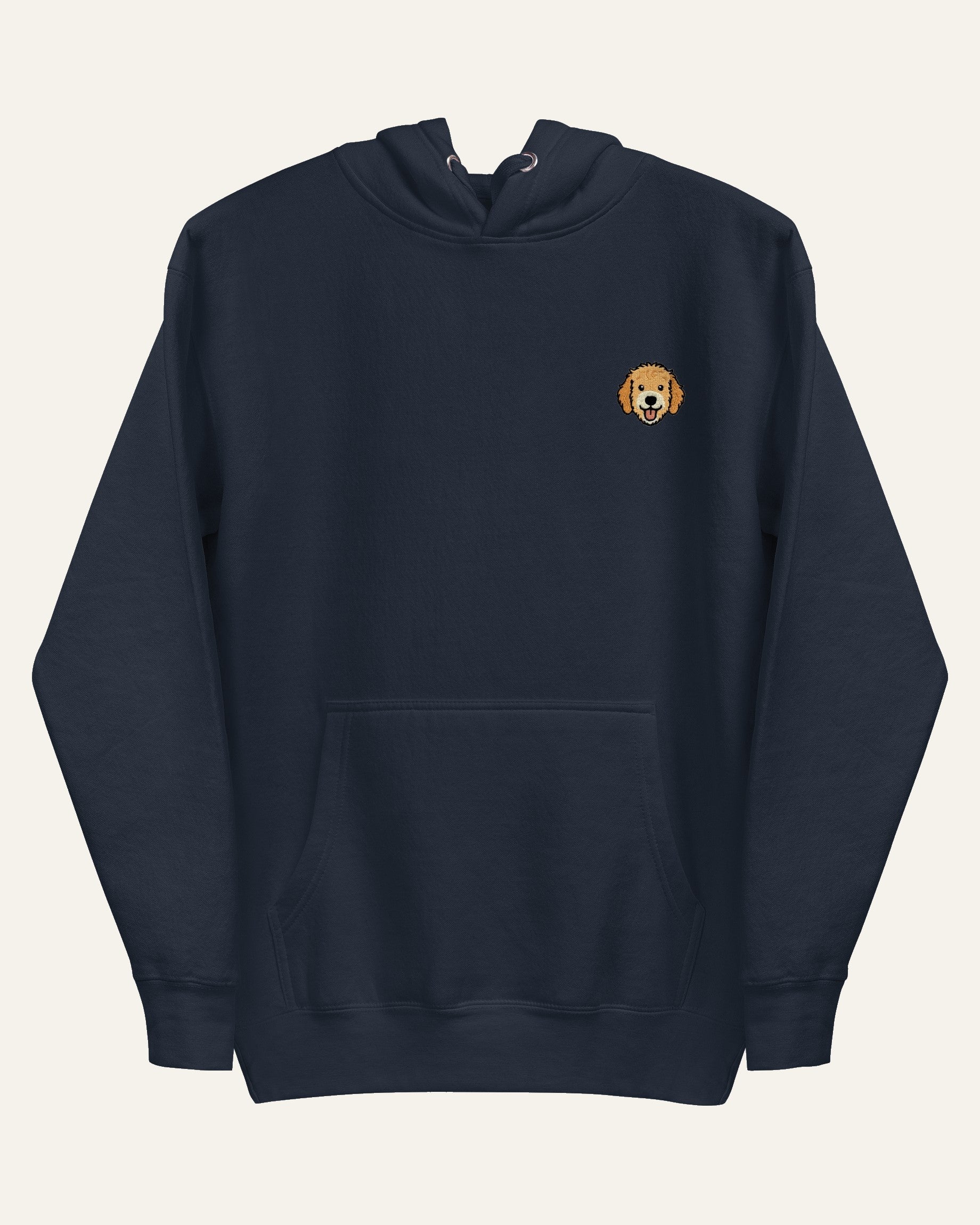 Navy Hoodie with minimalist embroidered Goldendoodle icon on left chest.