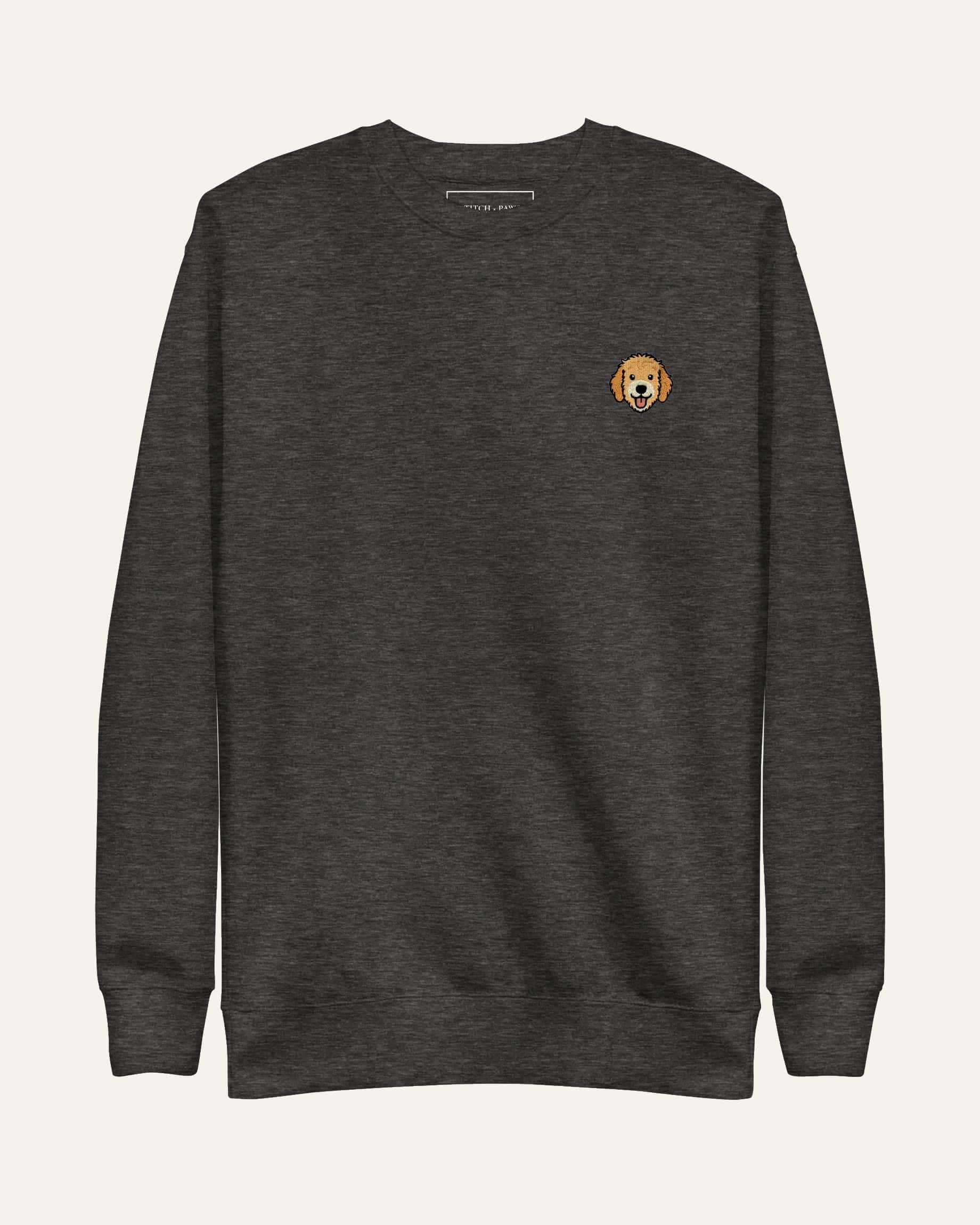 Dark Grey Heather Sweatshirt with minimalist embroidered Goldendoodle icon on left chest.
