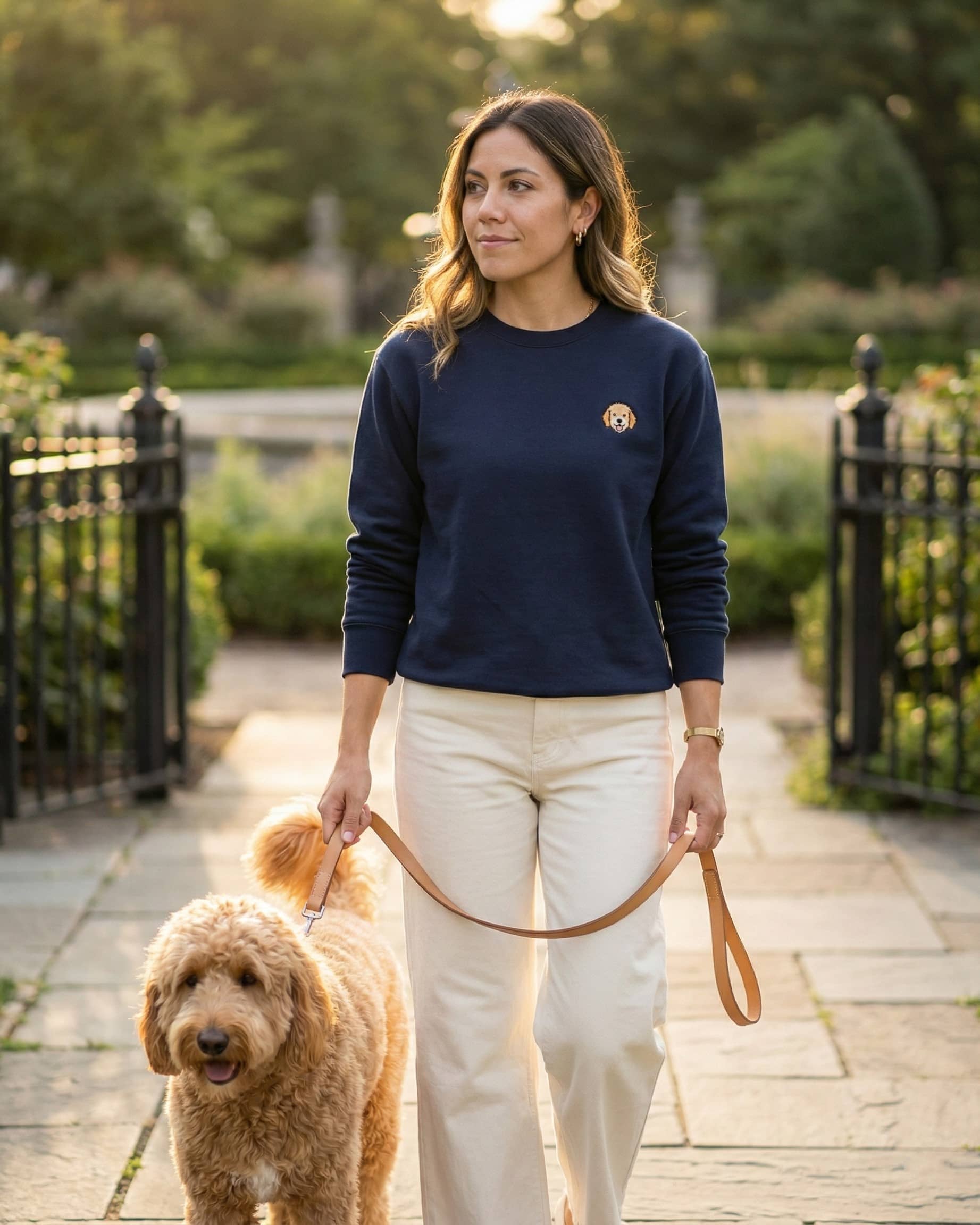 Woman walking a Goldendoodle, wearing a Navy Sweatshirt with minimalist embroidered Goldendoodle icon on left chest.