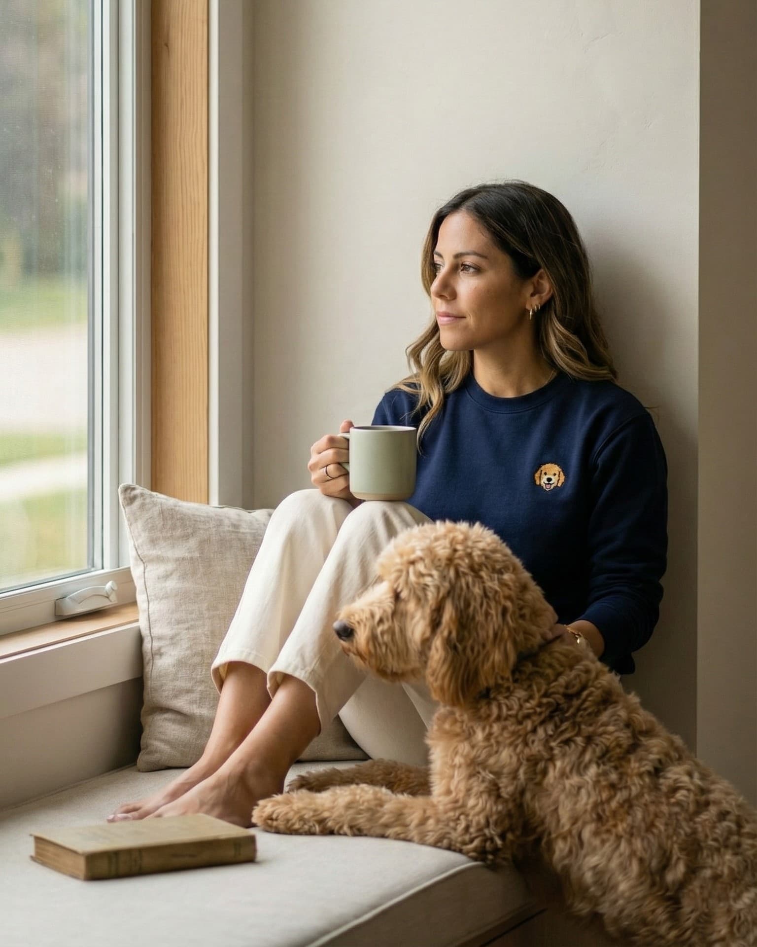 Woman sitting by window nook with her Goldendoodle, wearing a Navy Sweatshirt with minimalist embroidered Goldendoodle icon on left chest.