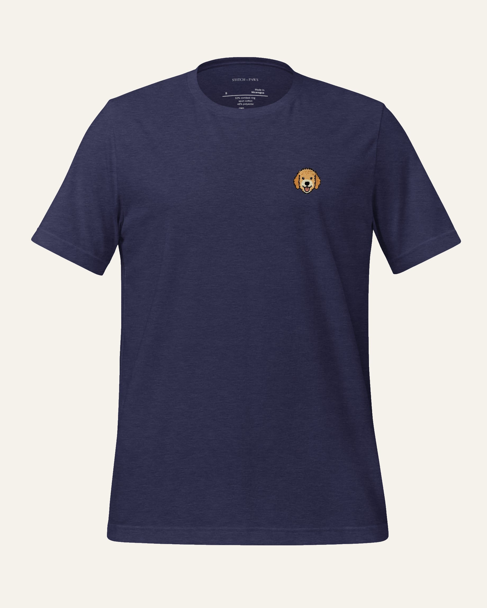 Midnight Navy Heather T-shirt with minimalist embroidered Goldendoodle icon on left chest.