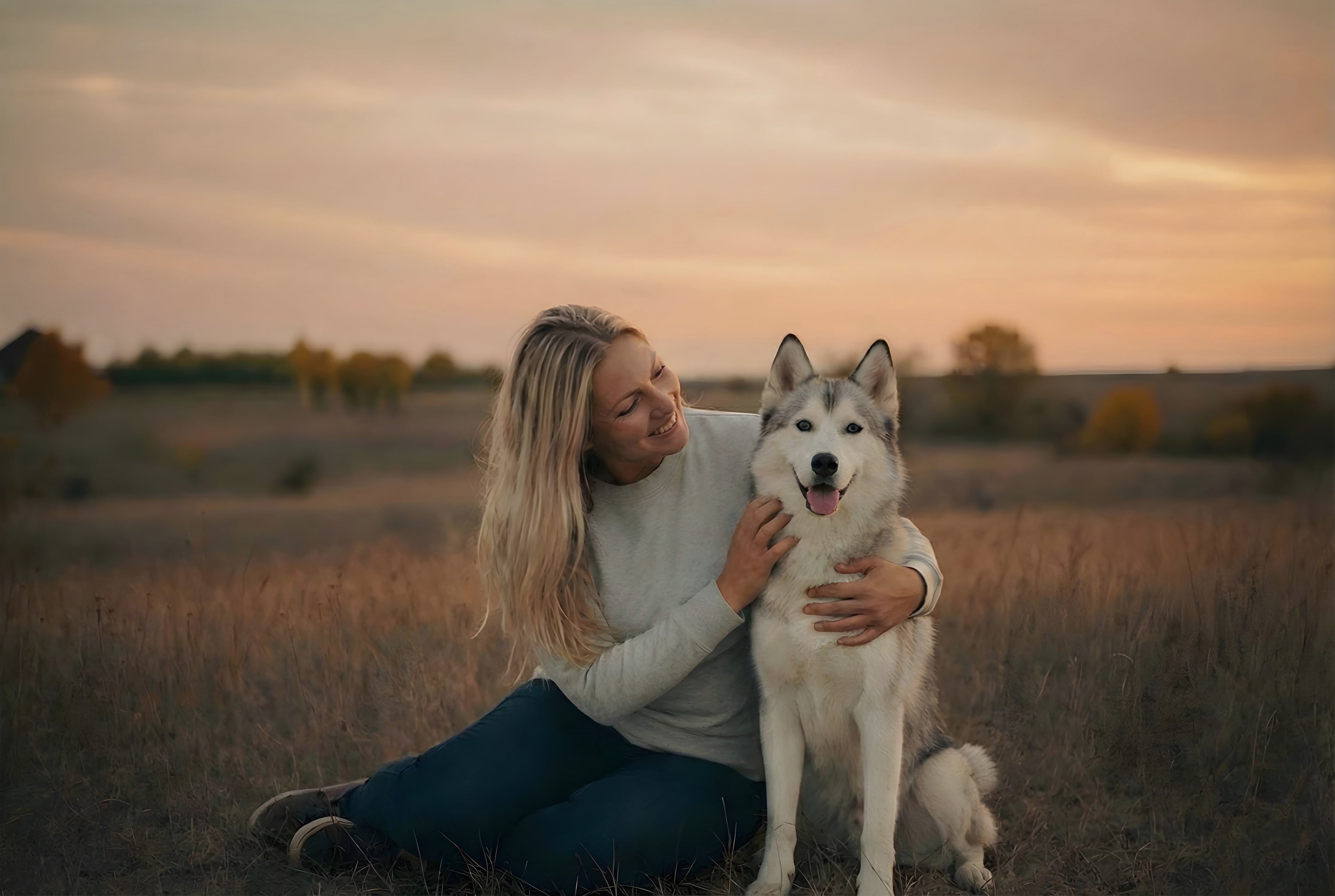 Dog mom sharing a gentle hug with her husky at sunset on a field, wearing a Stitch x Paws minimalist sweatshirt.