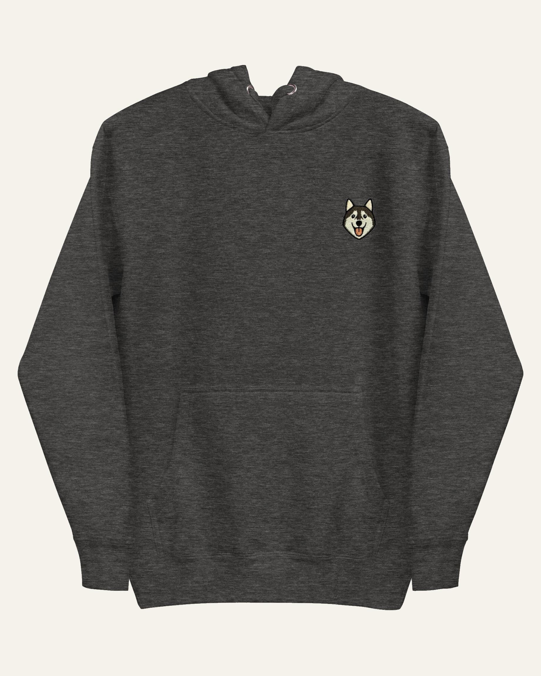 Dark Grey Heather Hoodie with minimalist embroidered Husky icon on left chest.