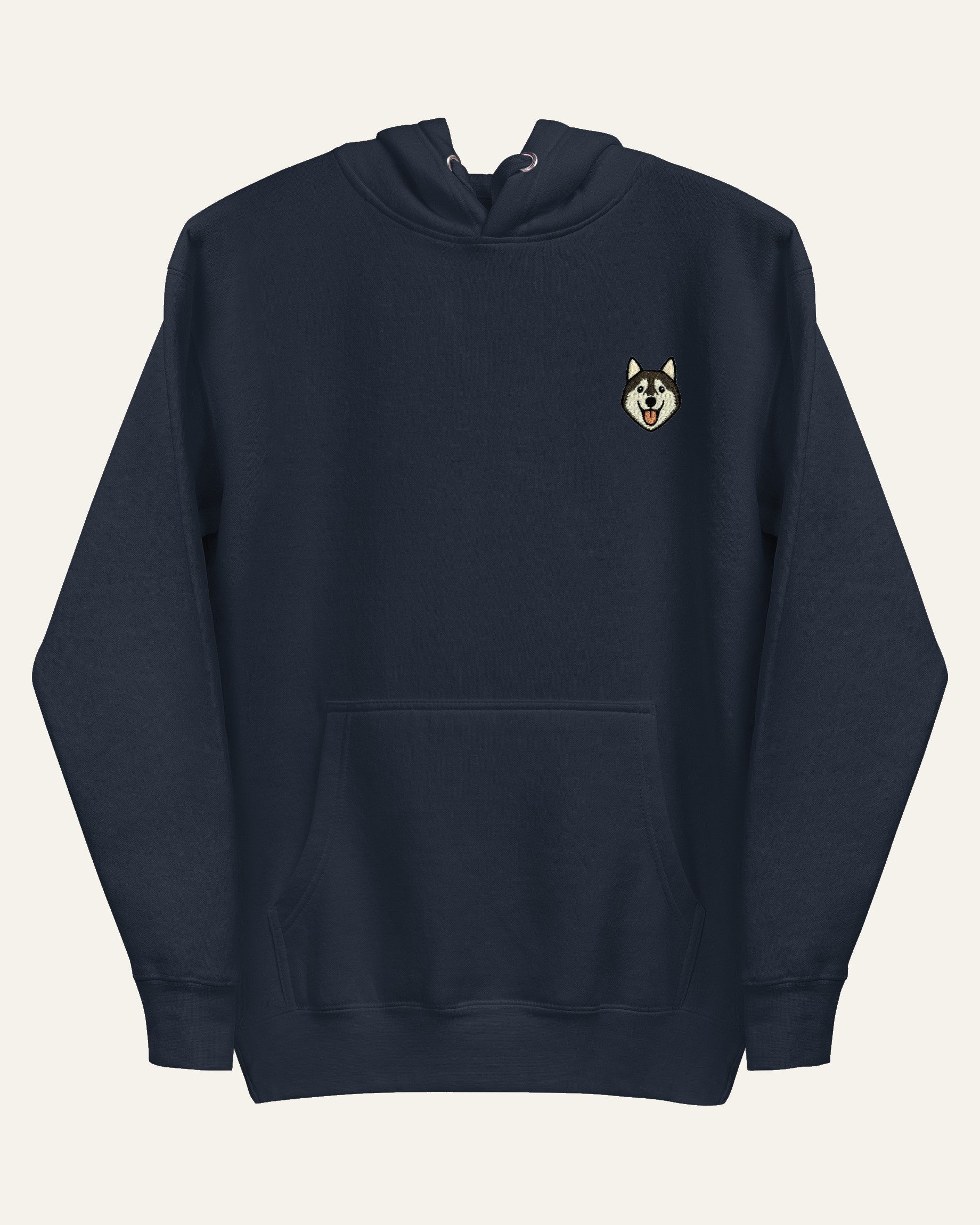Navy Hoodie with minimalist embroidered Husky icon on left chest.