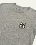 Light Grey Heather T-shirt with minimalist embroidered Husky icon on left chest.