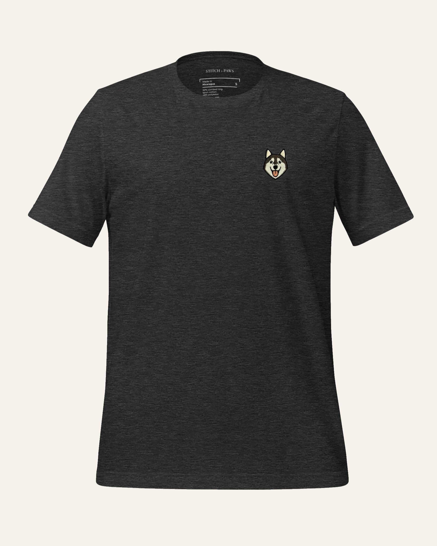 Dark Grey Heather T-shirt with minimalist embroidered Husky icon on left chest.