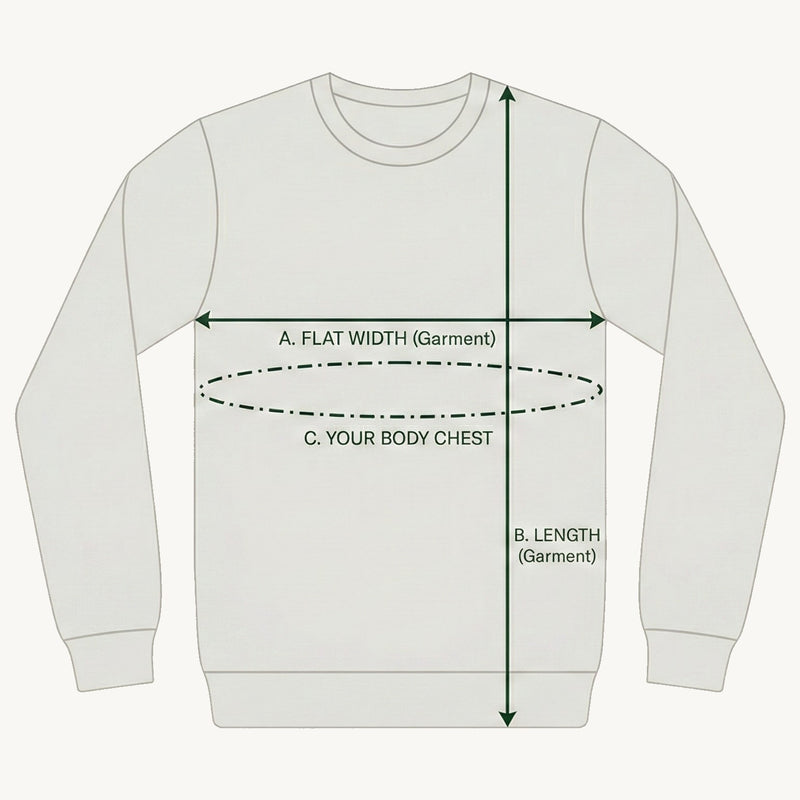 Measurement guide: flat width, body chest and length of garment.