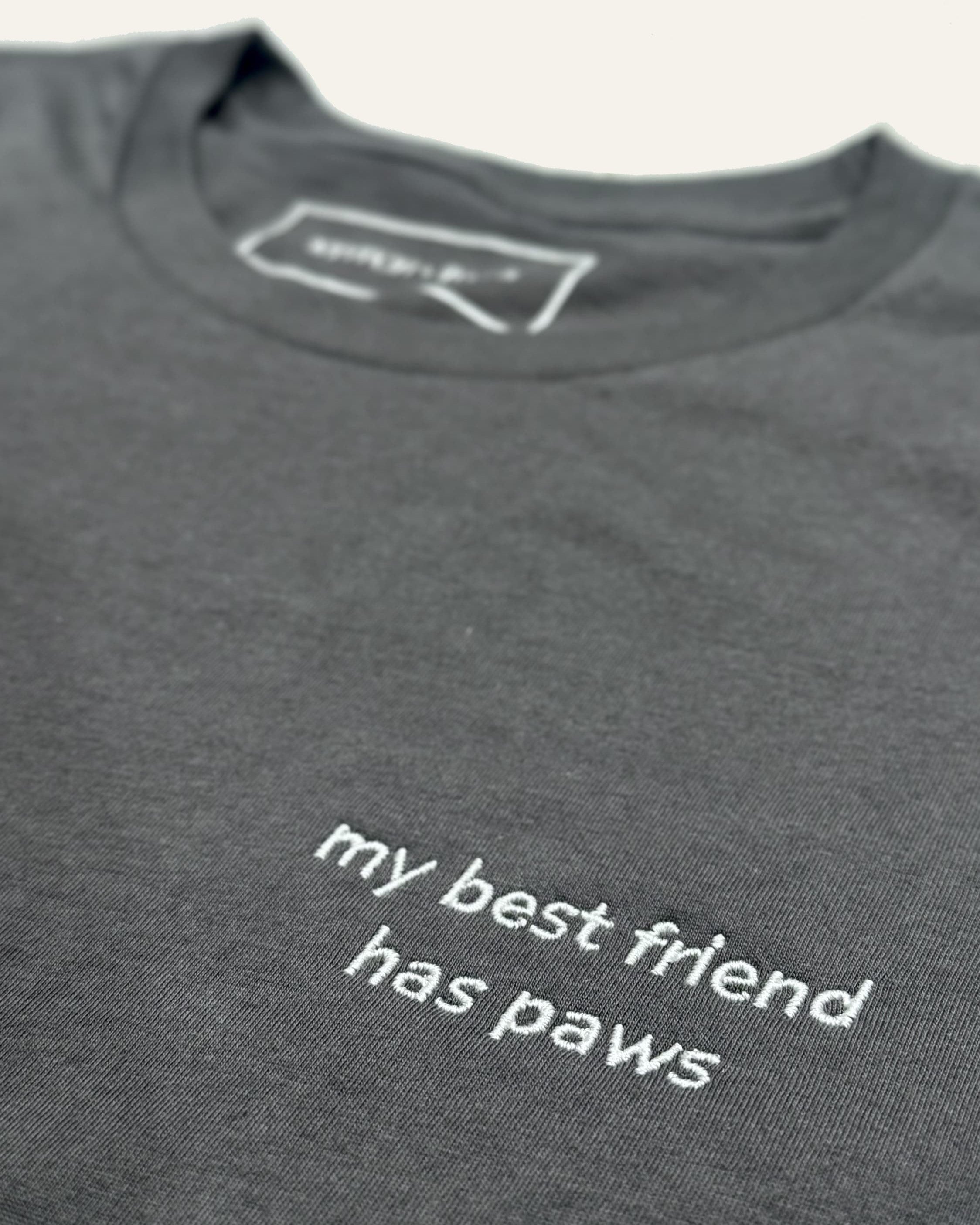 Close up of Asphalt t-shirt with minimalist embroidered phrase "my best friend has paws" on left chest. 