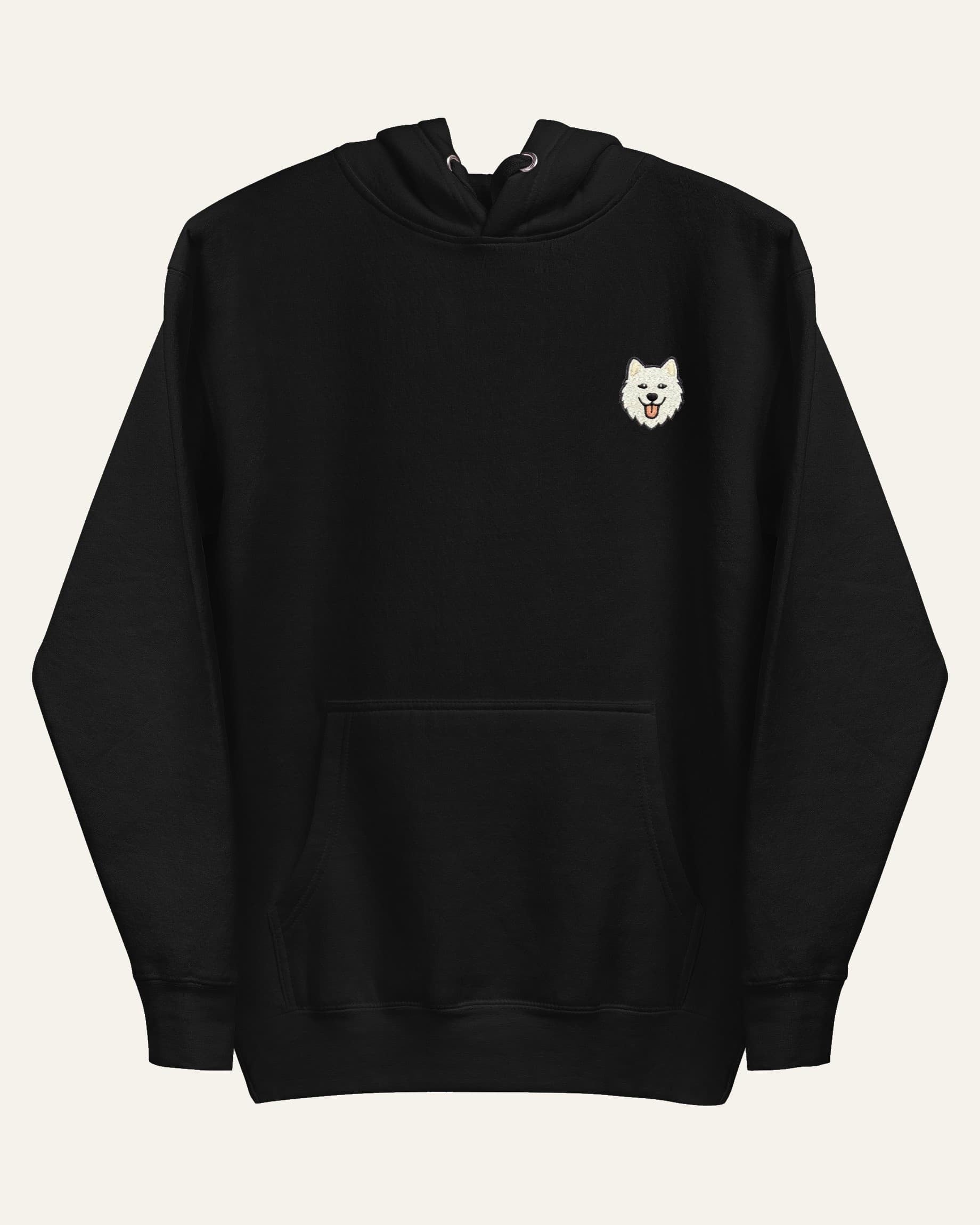 Black Hoodie with minimalist embroidered Samoyed icon on left chest.