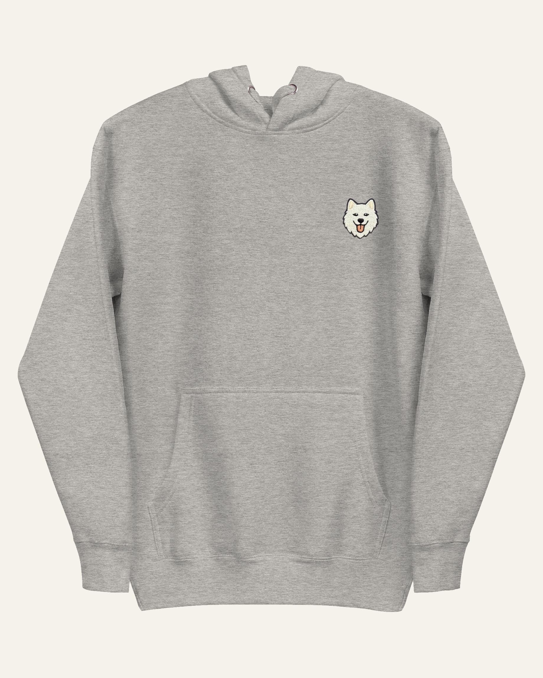 Light Grey Heather Hoodie with minimalist embroidered Samoyed icon on left chest.