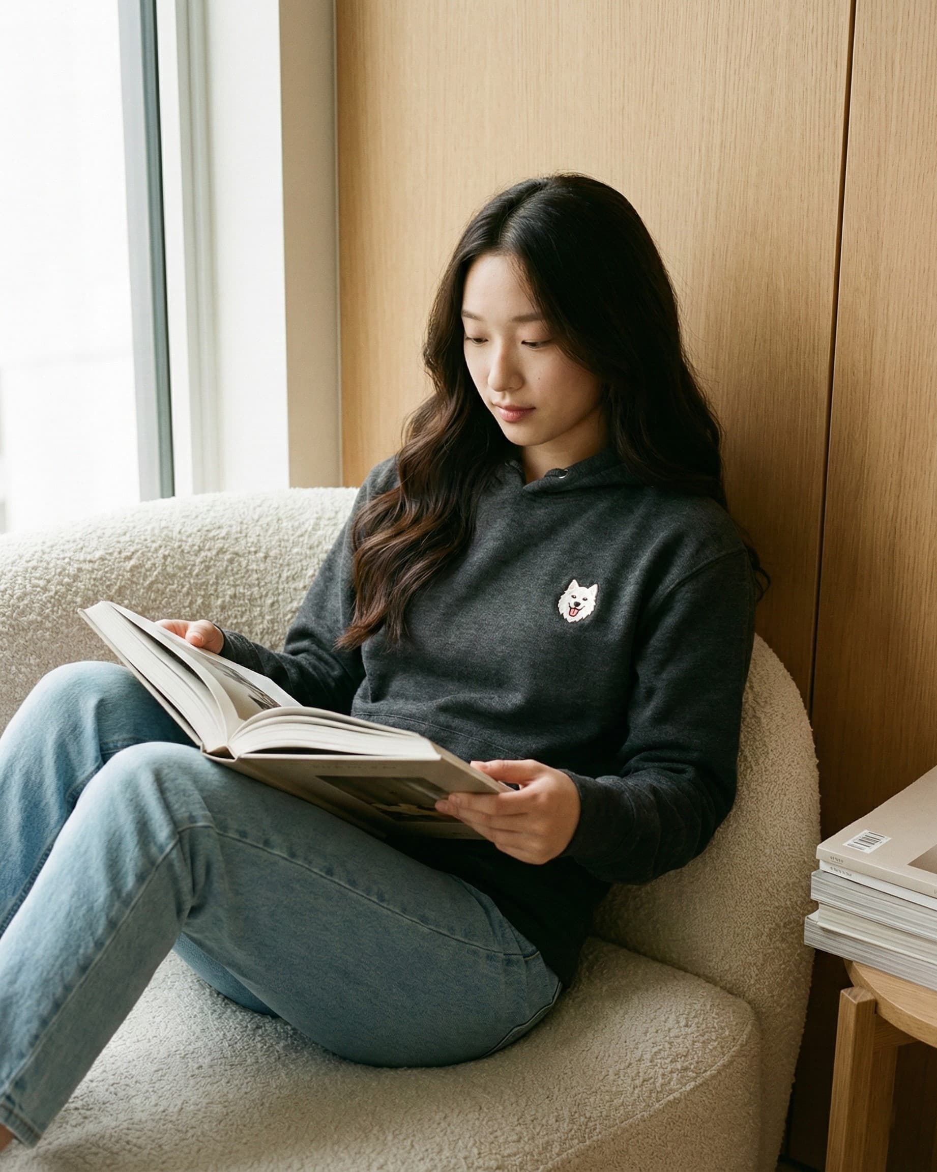 Woman sitting on couch reading book, wearing Dark Grey Heather Hoodie with minimalist embroidered Samoyed icon on left chest.