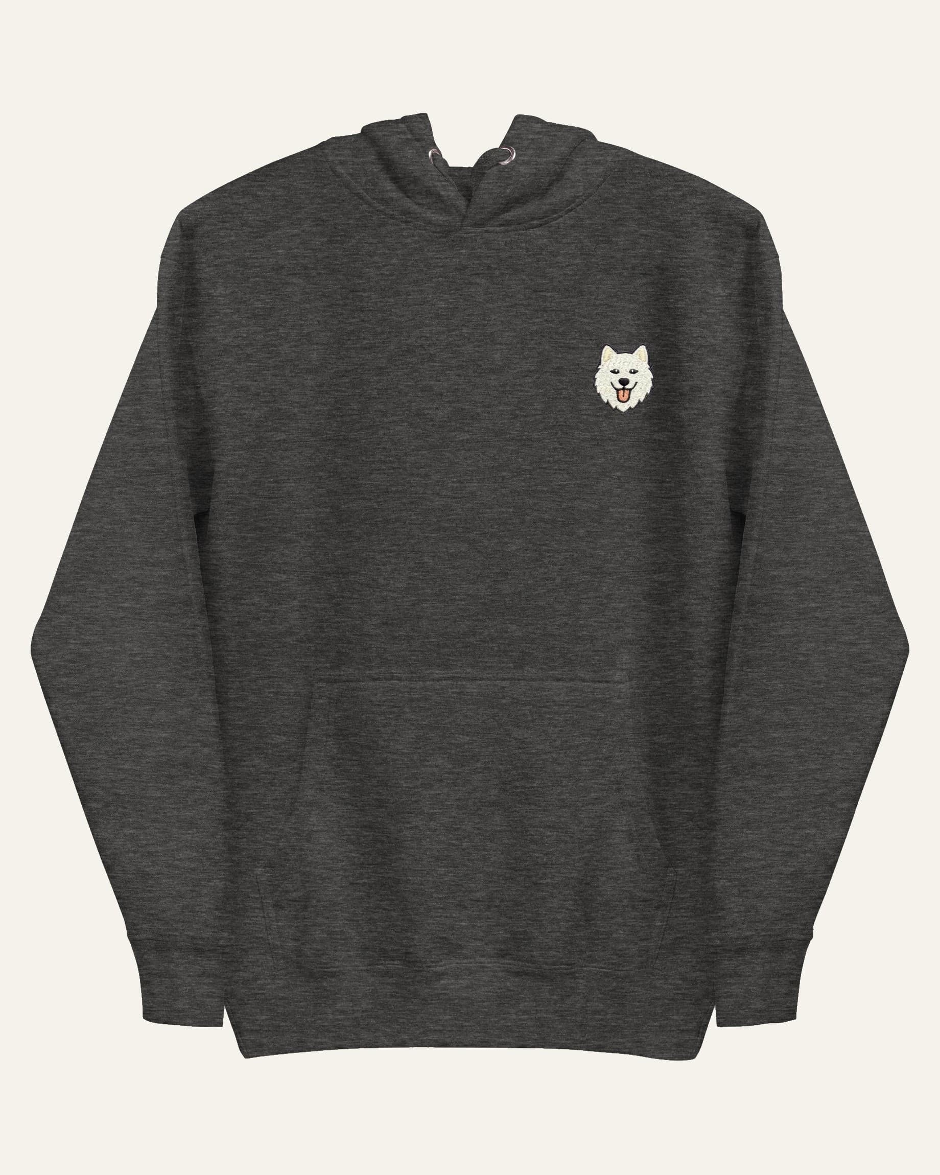 Dark Grey Heather Hoodie with minimalist embroidered Samoyed icon on left chest.