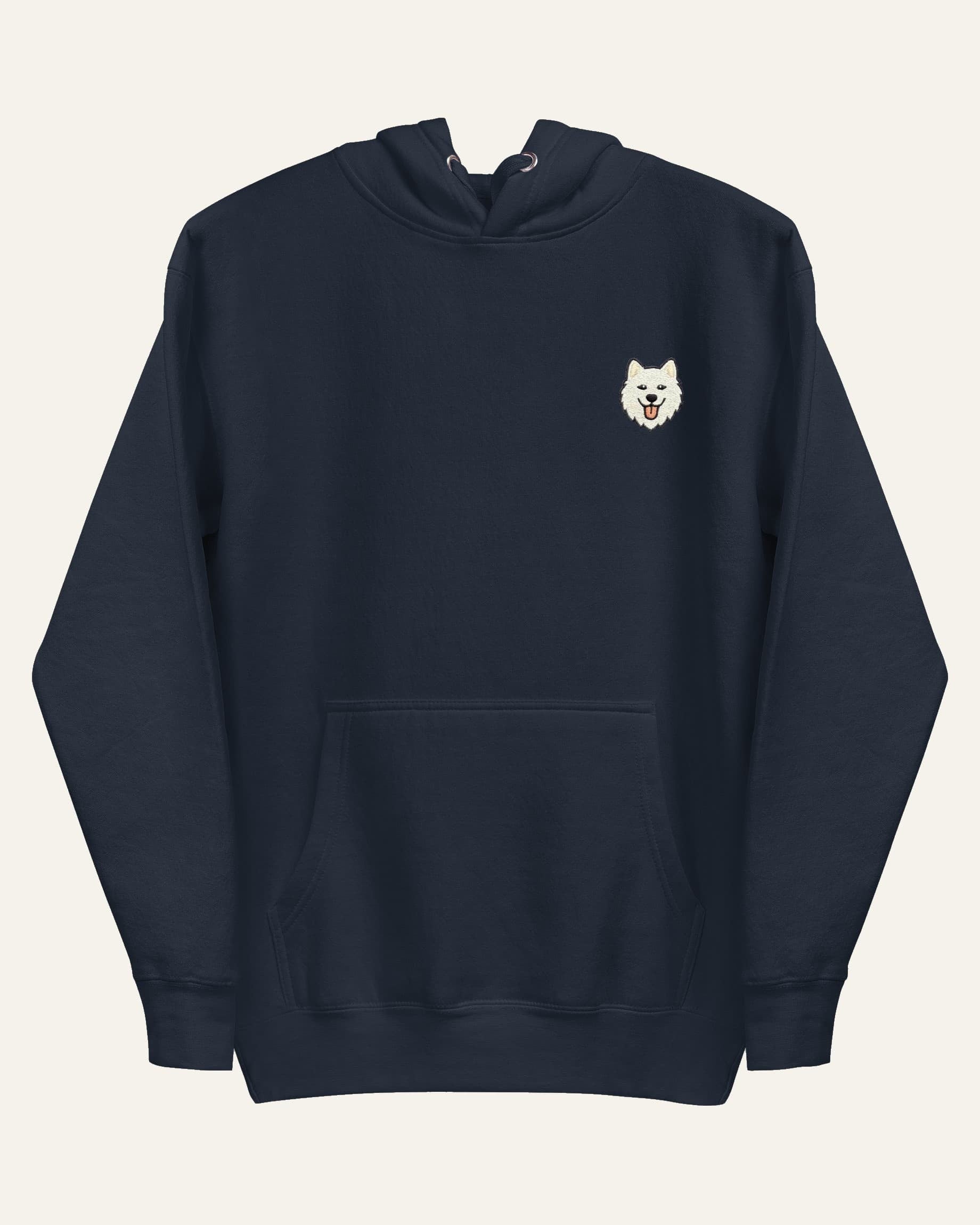 Navy Hoodie with minimalist embroidered Samoyed icon on left chest.