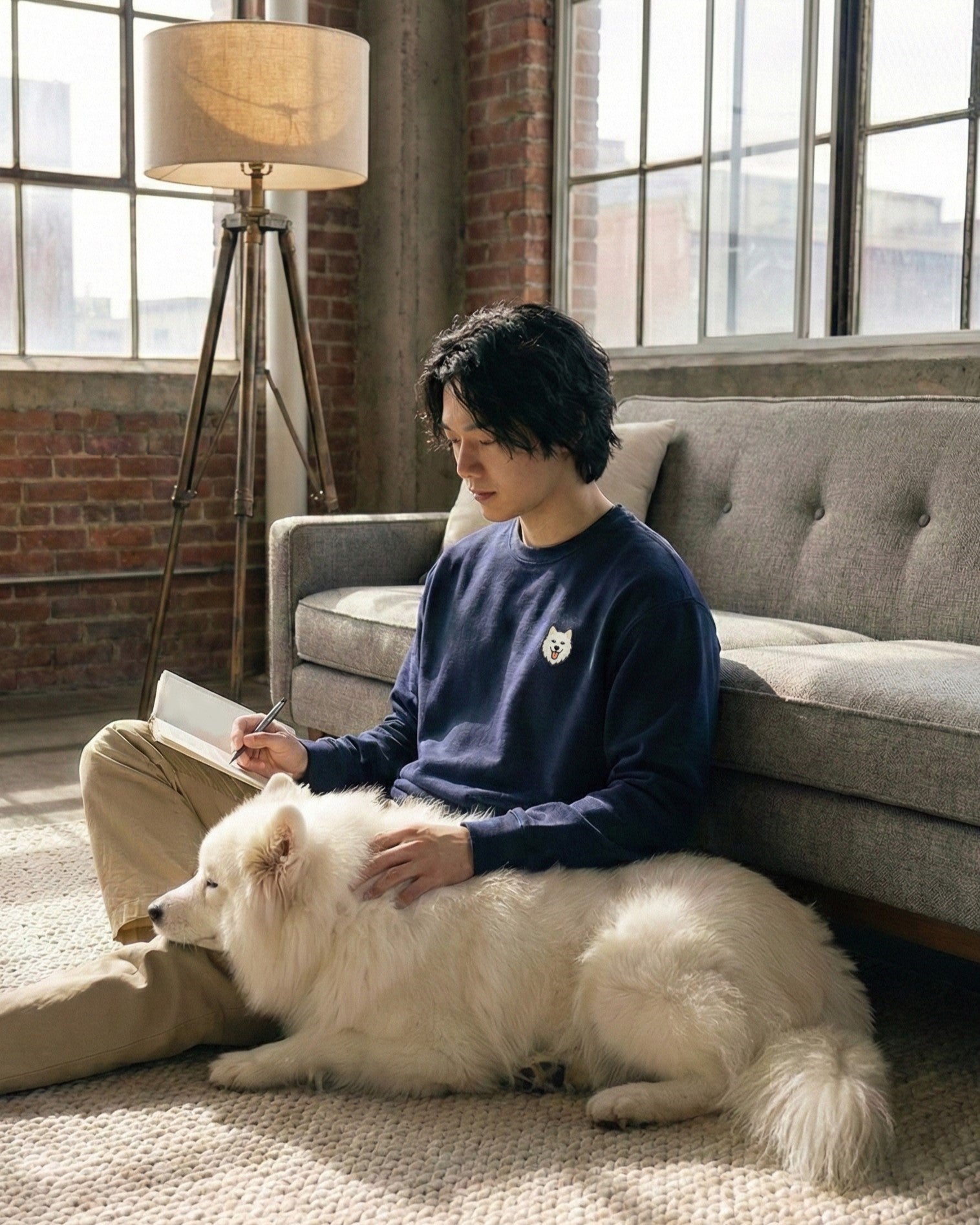 Man sitting on floor with Samoyed, wearing Navy Sweatshirt with minimalist embroidered Samoyed icon on left chest.