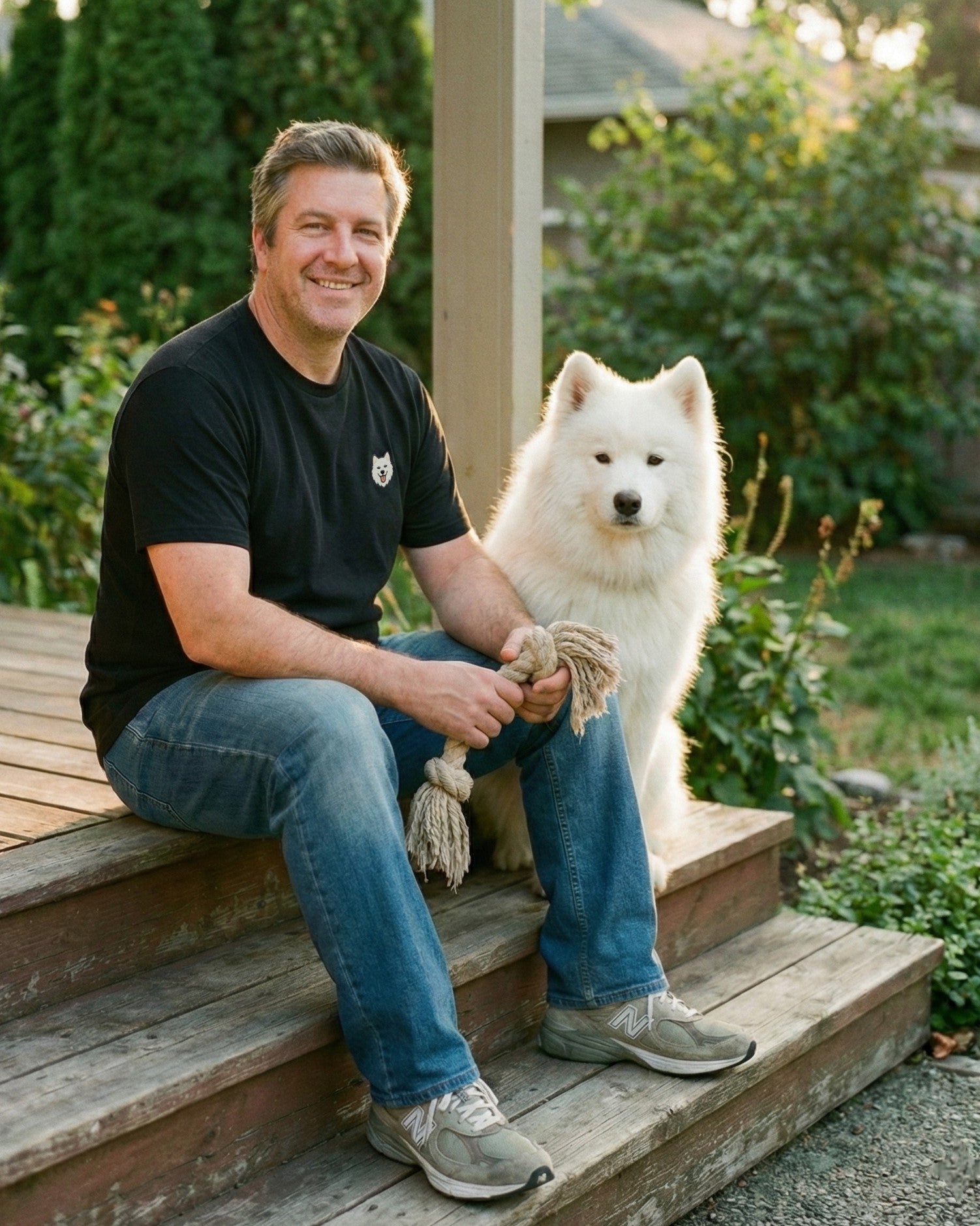 Man sitting on porch beside Samoyed, wearing Black T-shirt with minimalist embroidered Samoyed icon on left chest.