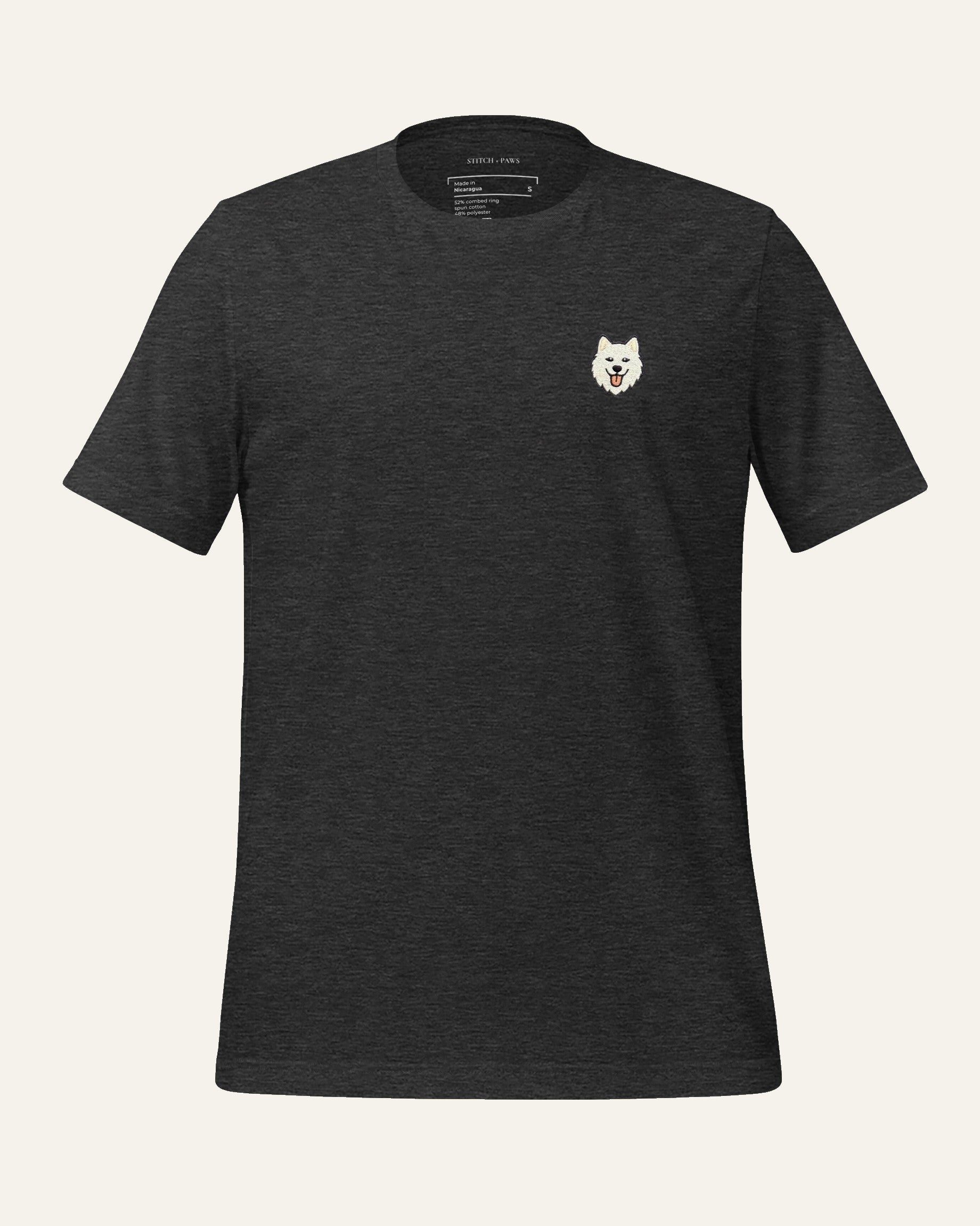 Dark Grey Heather T-shirt with minimalist embroidered Samoyed icon on left chest.