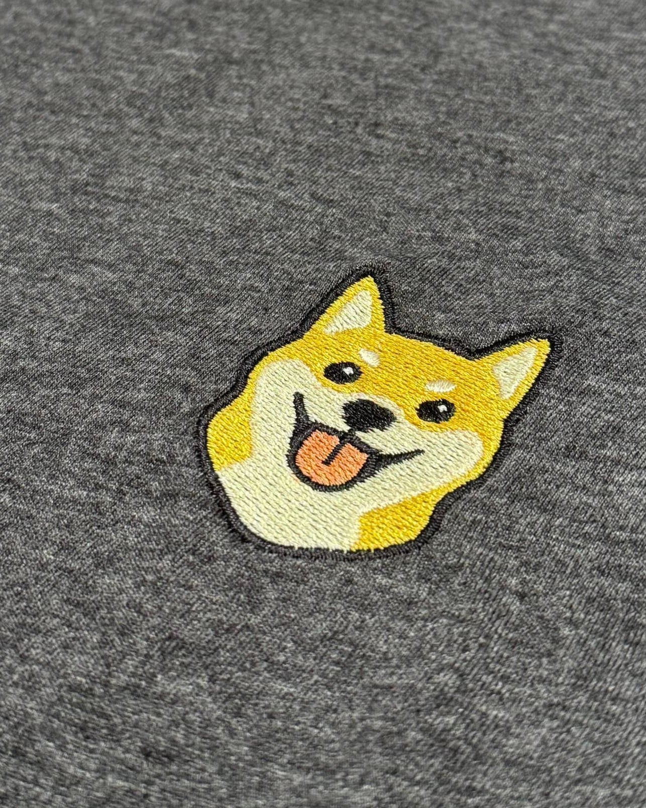 Close-up detail of Shiba Inu embroidery on Dark Grey fabric showing stitch texture.