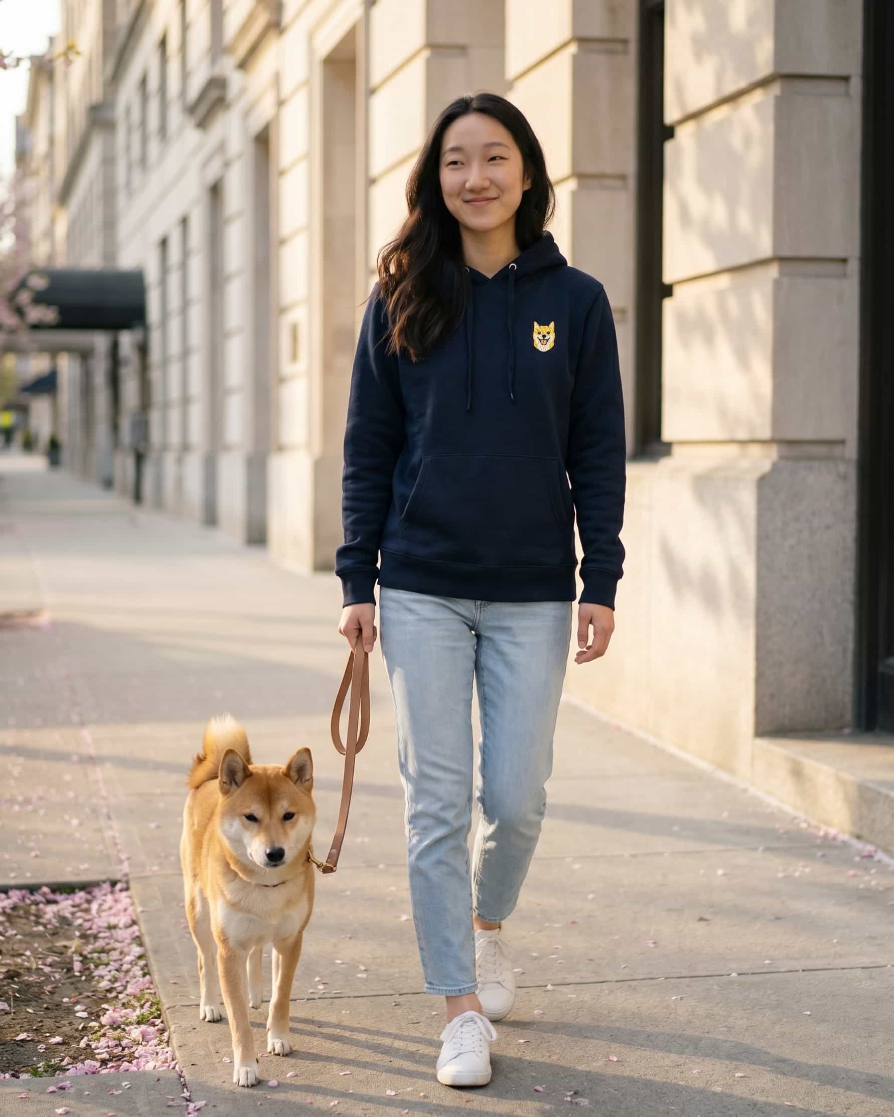 Woman walking a Shiba Inu, wearing Navy Hoodie with minimalist embroidered Shiba Inu icon on left chest.