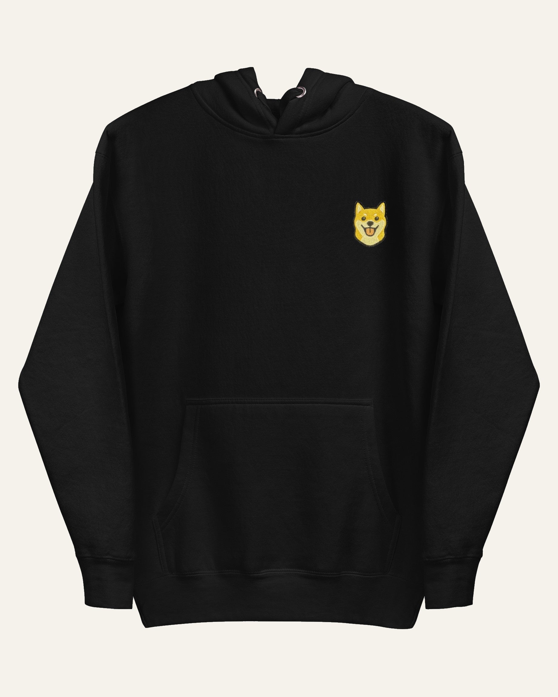 Black Hoodie with minimalist embroidered Shiba Inu icon on left chest.
