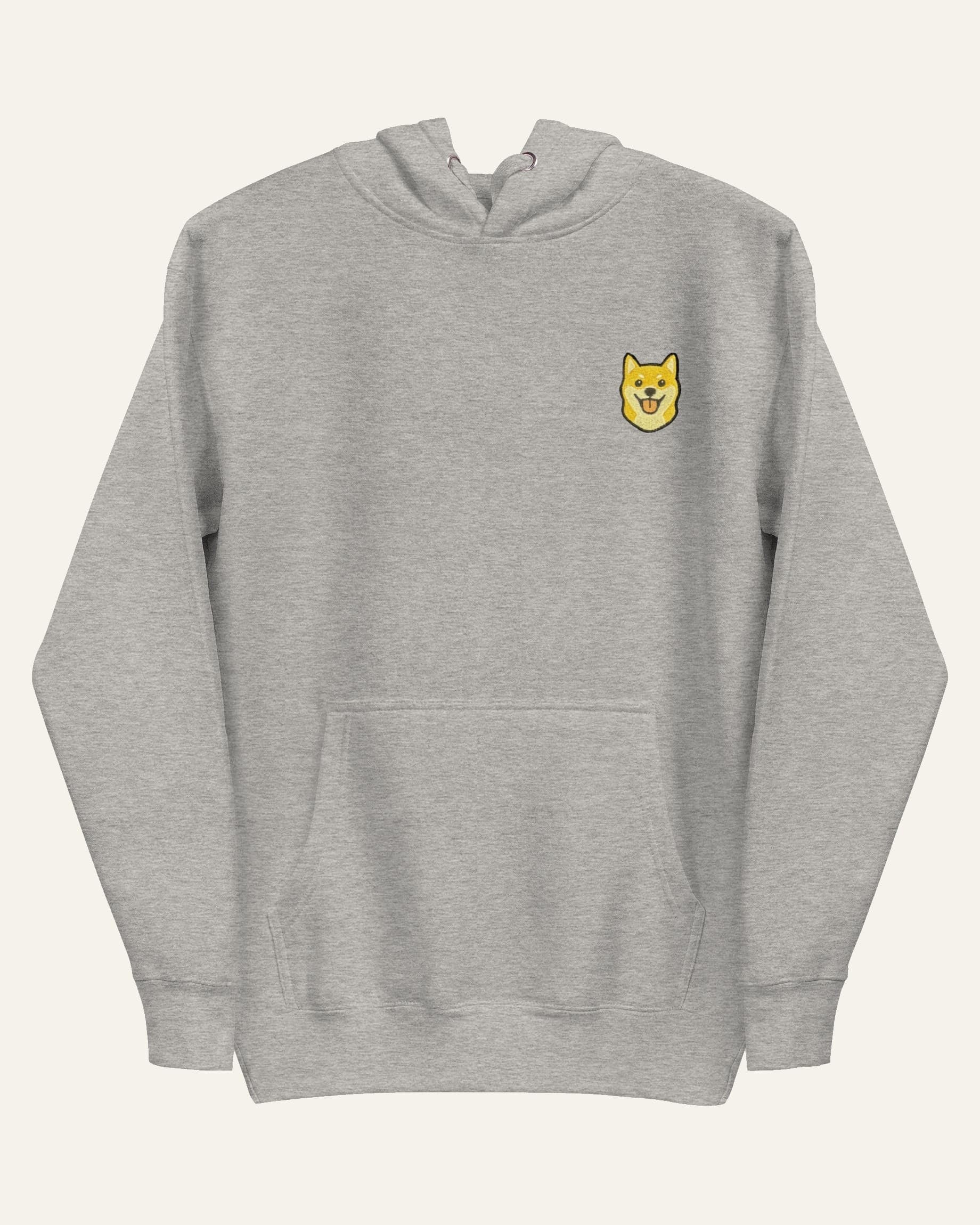 Light Grey Heather Hoodie with minimalist embroidered Shiba Inu icon on left chest.