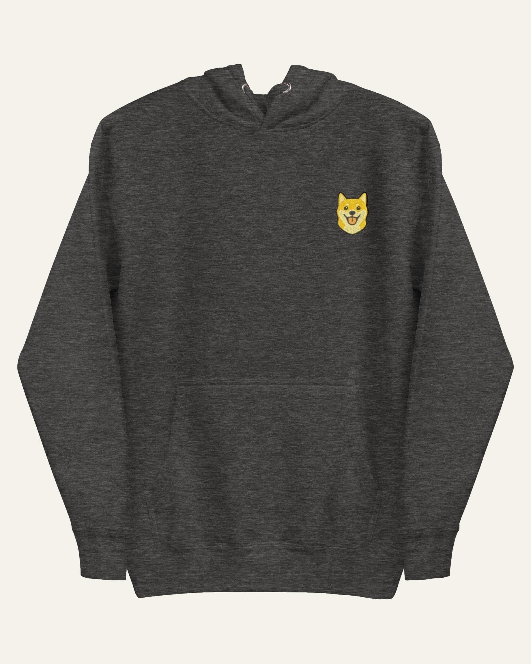 Dark Grey Heather Hoodie with minimalist embroidered Shiba Inu icon on left chest.