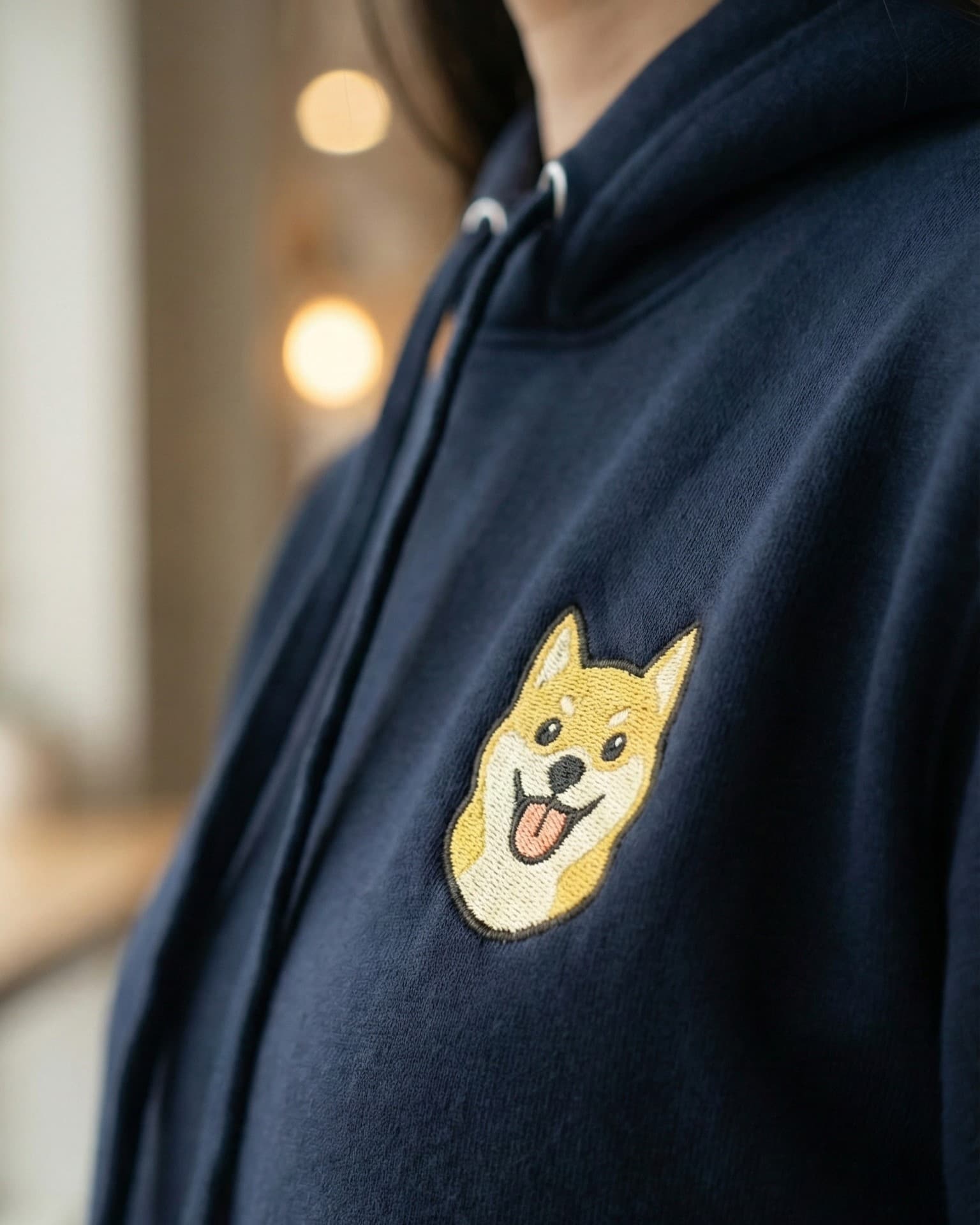 Close-up detail of Shiba Inu embroidery on Navy Hoodie showing stitch texture.