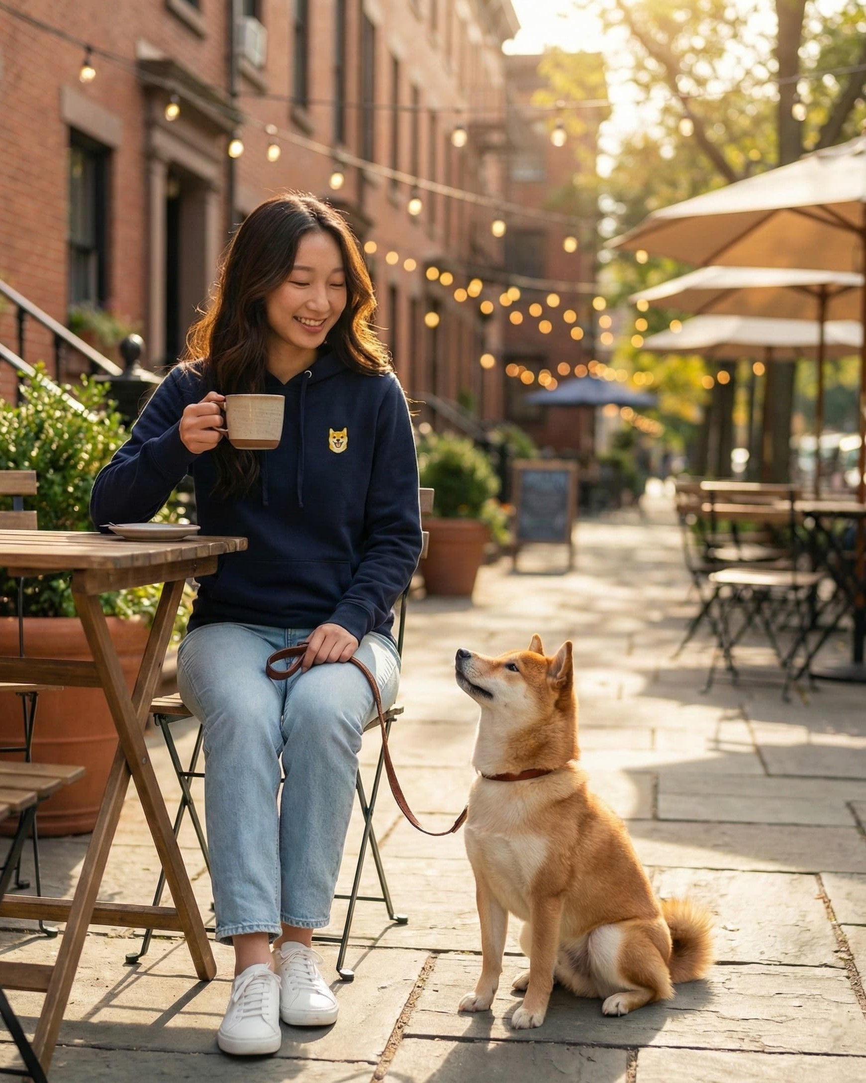 Woman sitting on patio with Shiba Inu dog, wearing Navy Hoodie with minimalist embroidered Shiba Inu icon on left chest.