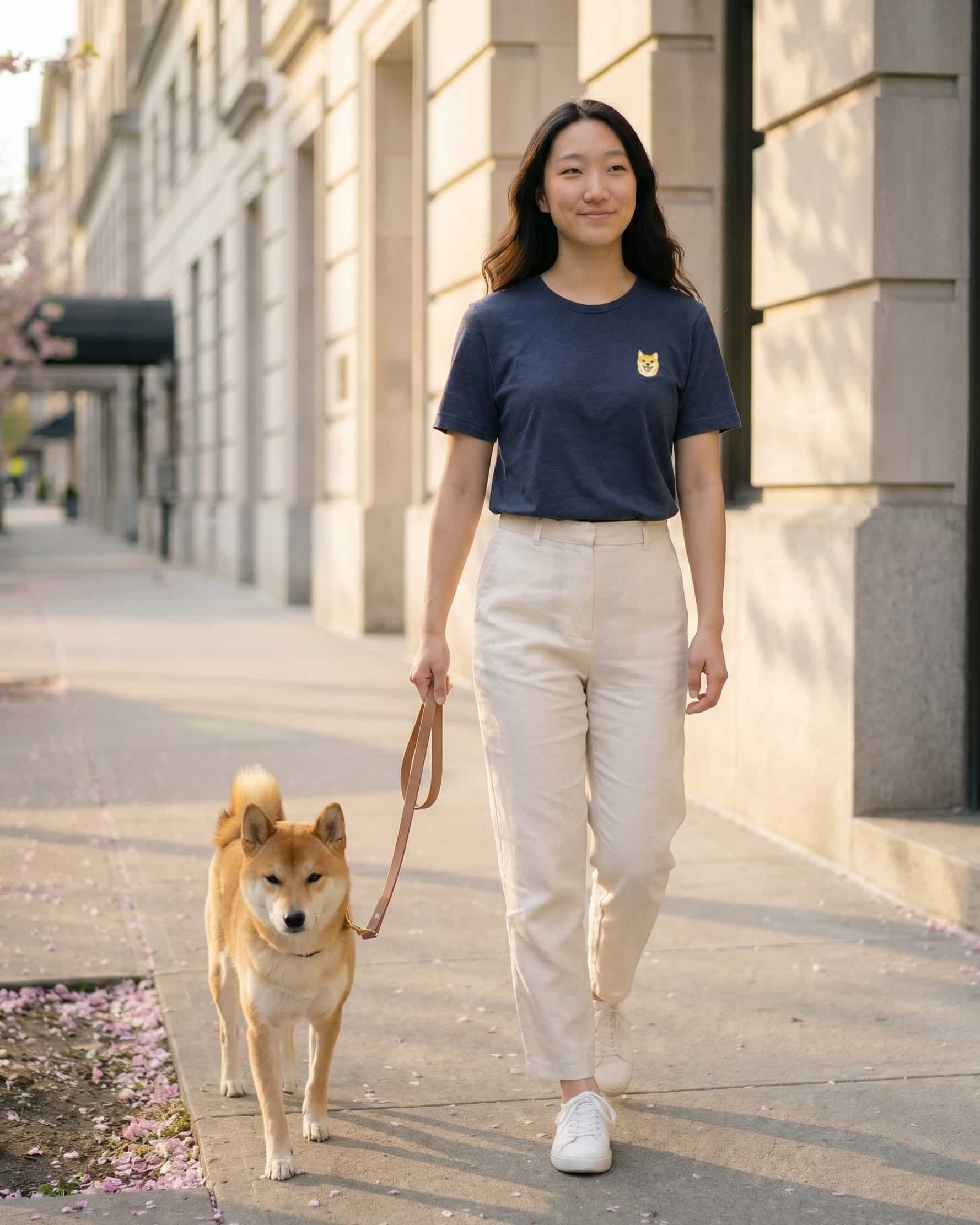 Woman walking Shiba Inu, wearing Navy Heather T-shirt with minimalist embroidered Shiba Inu icon on left chest.
