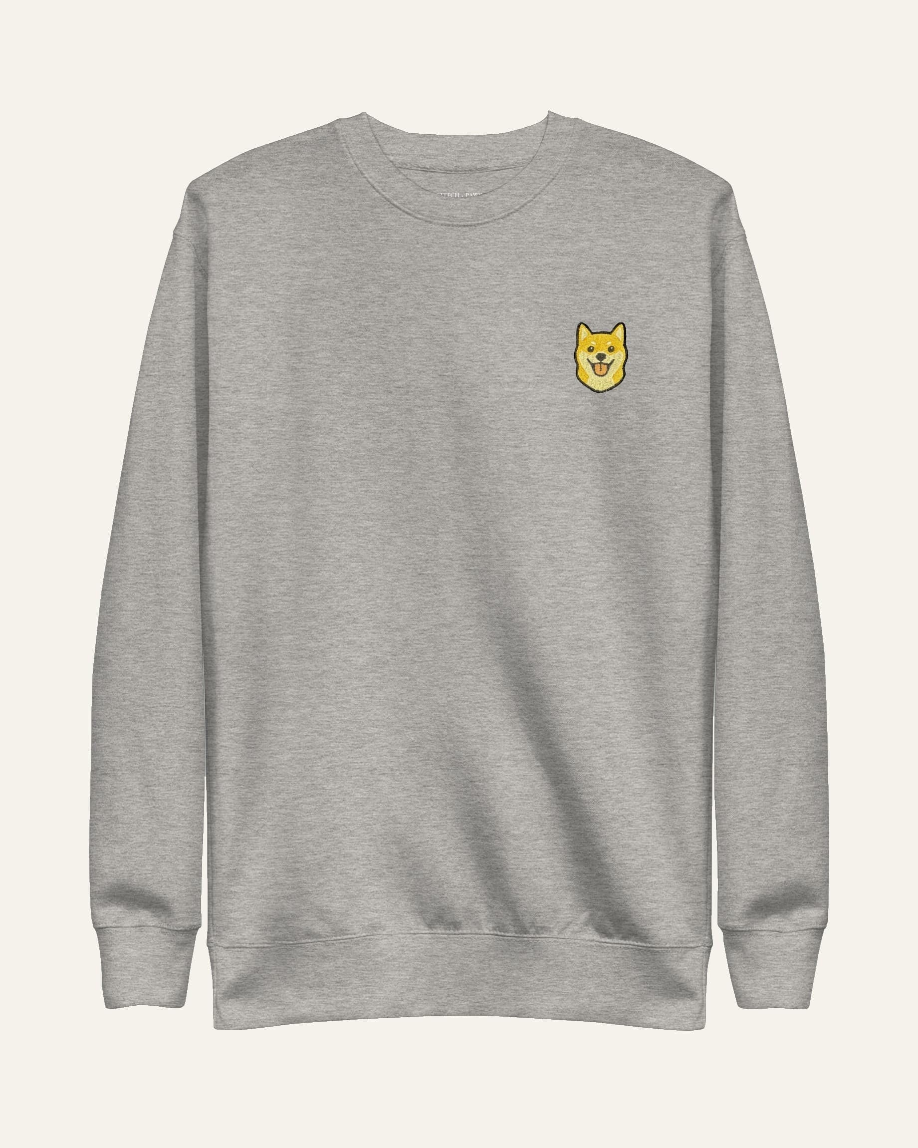 Light Grey Heather Sweatshirt with minimalist embroidered Shiba Inu icon on left chest.