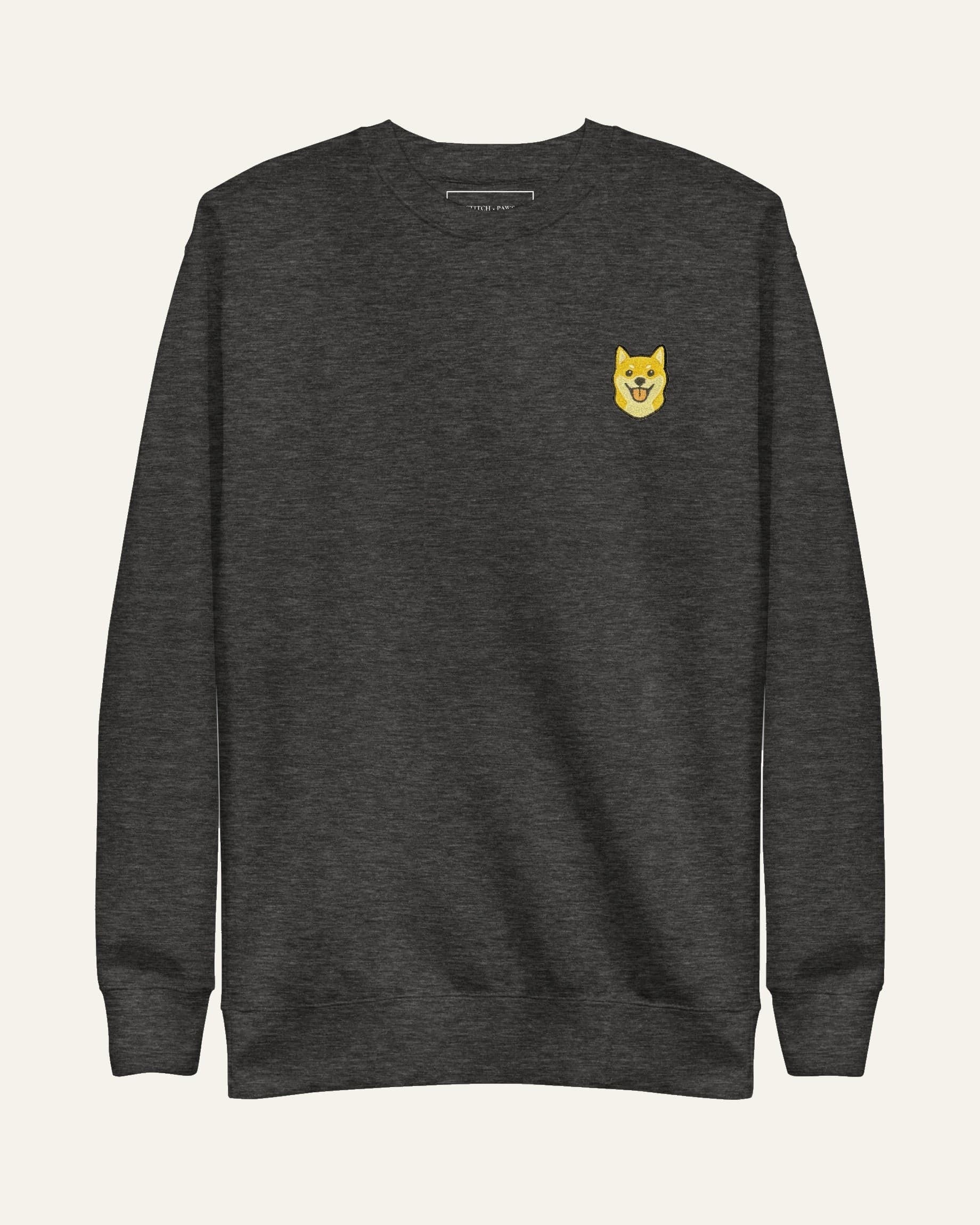 Dark Grey Heather Sweatshirt with minimalist embroidered Shiba Inu icon on left chest. #charcoal-heather