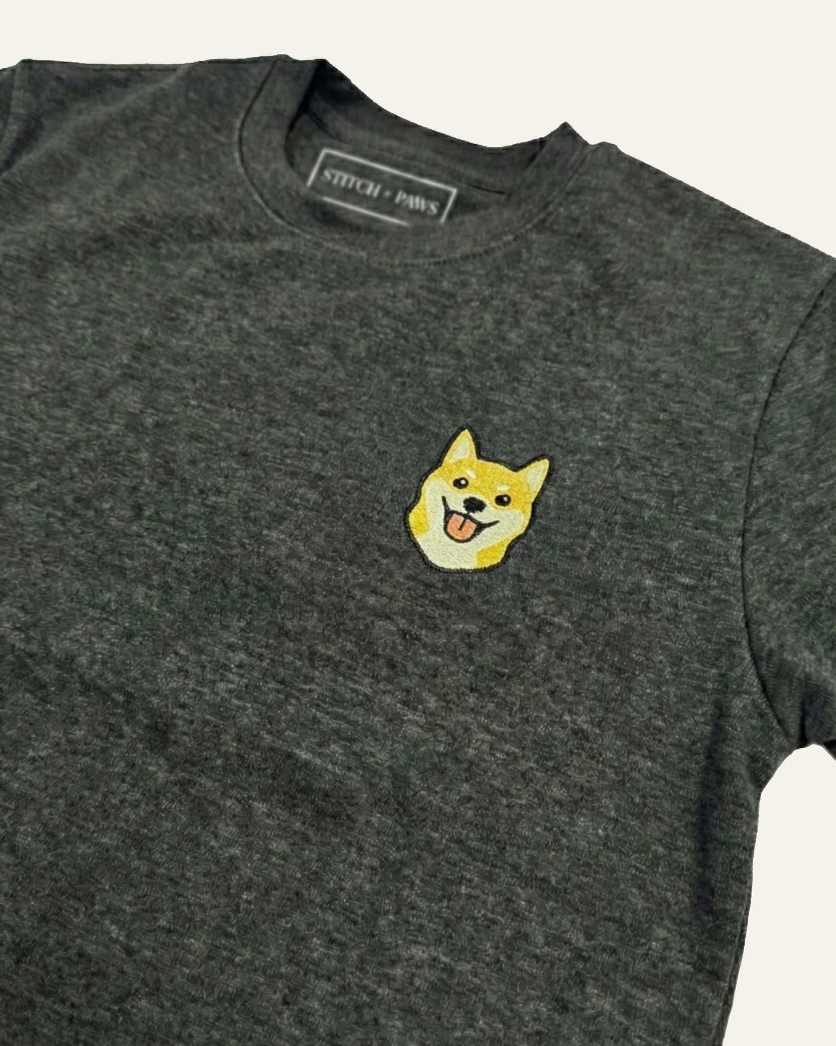 Dark Grey Heather Sweatshirt with minimalist embroidered Shiba Inu icon on left chest.