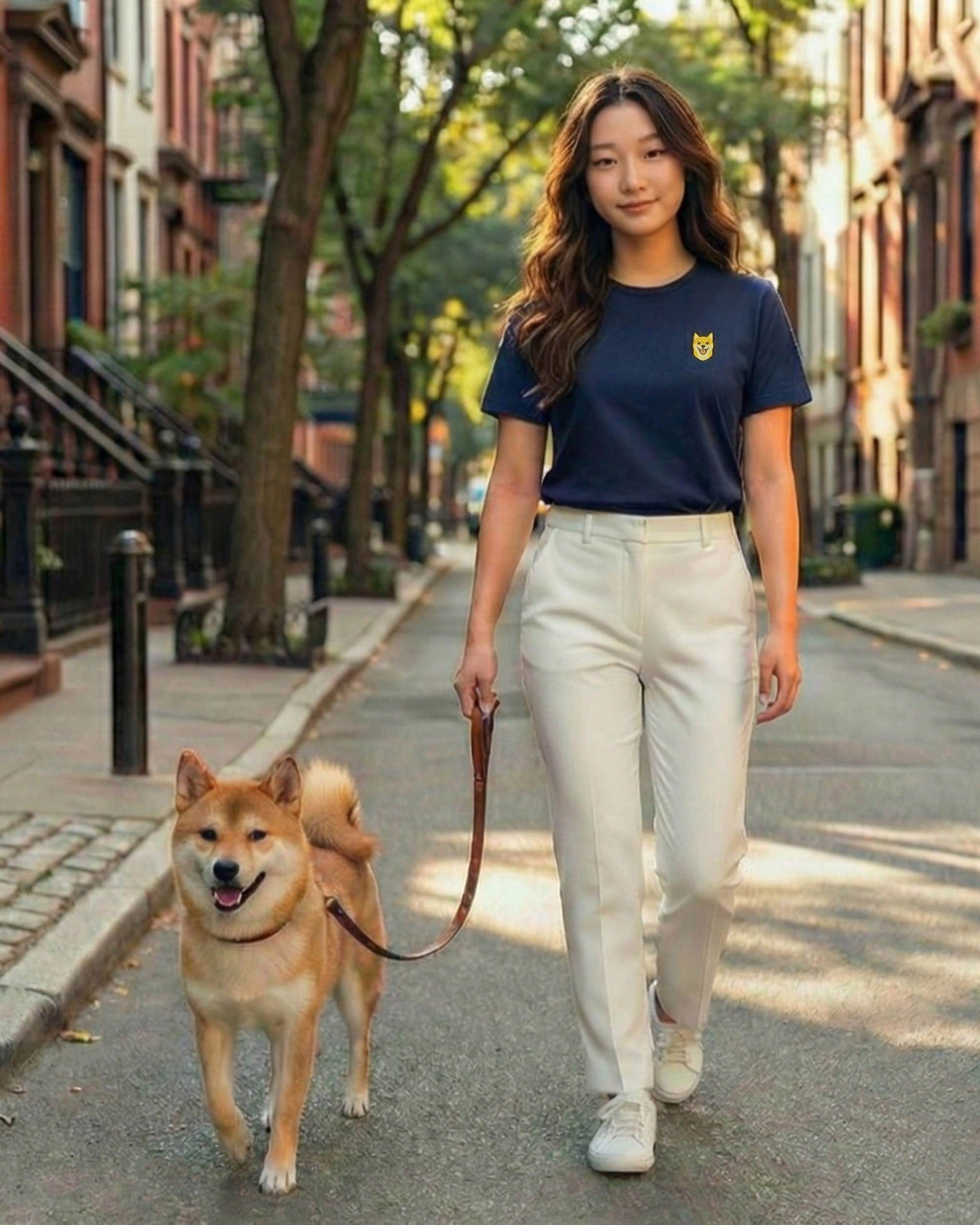 Woman walking Shiba Inu dog, wearing tucked-in Midnight Navy Heather T-Shirt with minimalist embroidered Shiba Inu icon on left chest.
