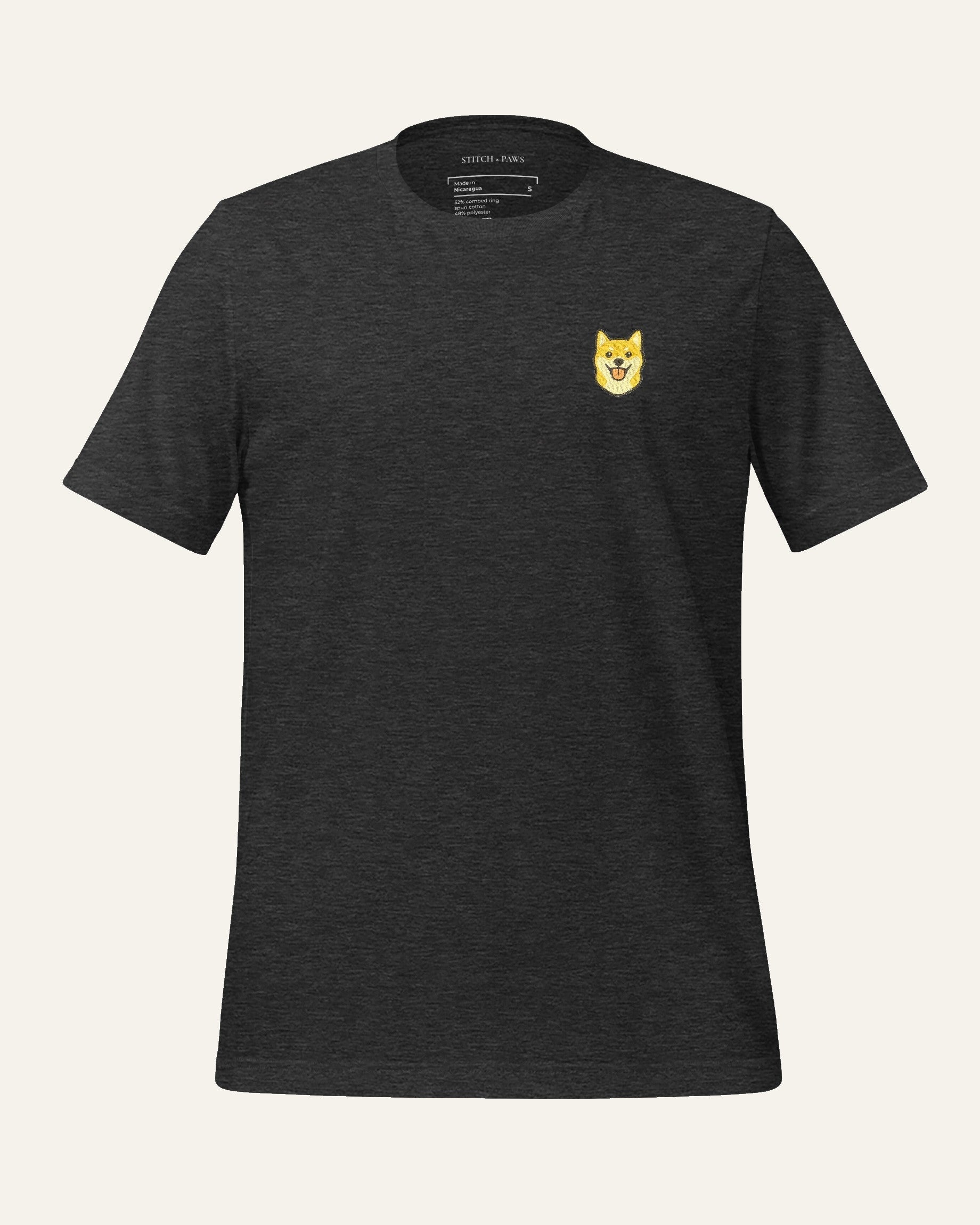 Dark Grey Heather T-Shirt with minimalist embroidered Shiba Inu icon on left chest.