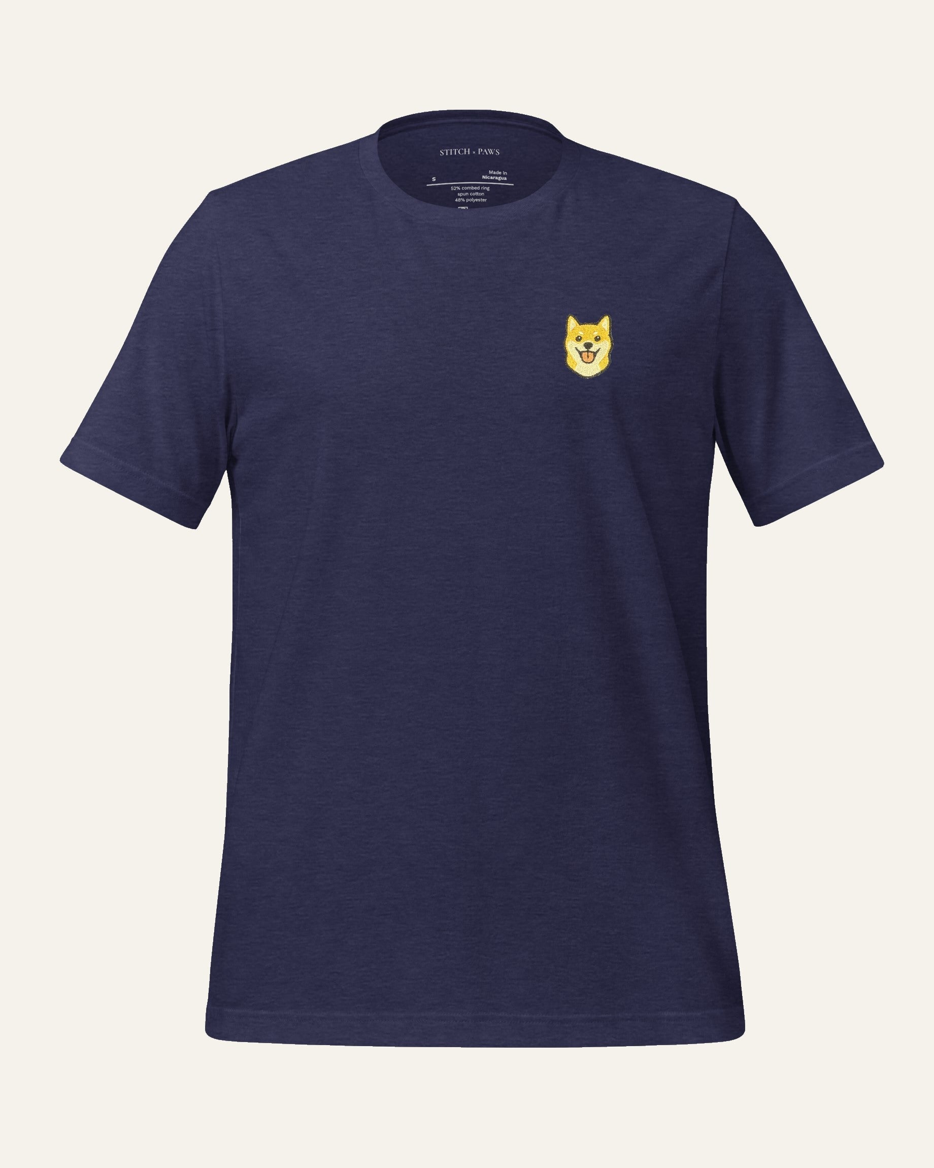 Midnight Navy Heather T-Shirt with minimalist embroidered Shiba Inu icon on left chest. #heather-midnight-navy