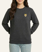 Woman wearing Dark Grey Heather Sweatshirt with minimalist embroidered Shiba Inu icon on left chest.